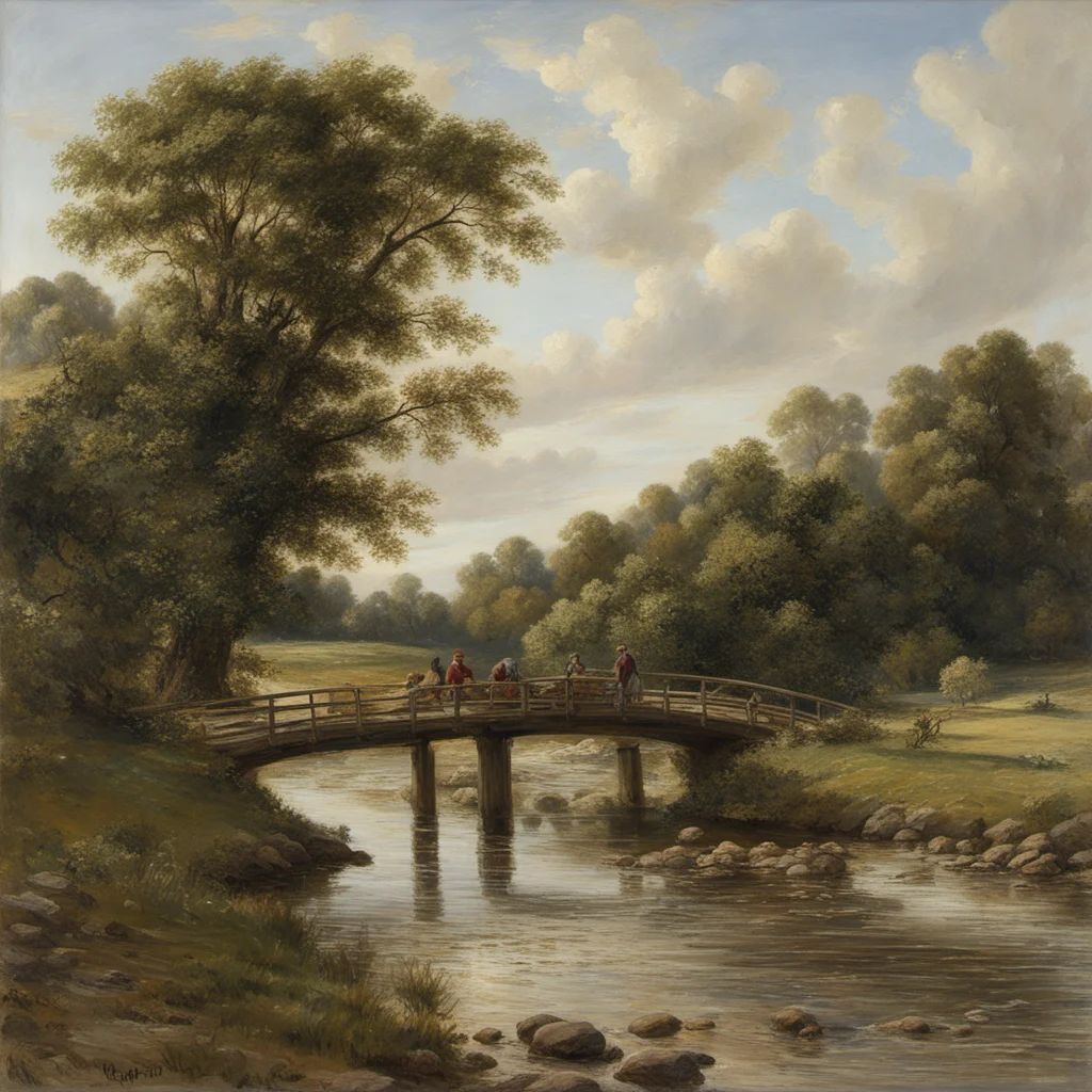 An Extensive Landscape  a wood bridge crossing over a wide riverbed flowing river watercourse 19th century deep river banks gravel dirt  wet sand The g