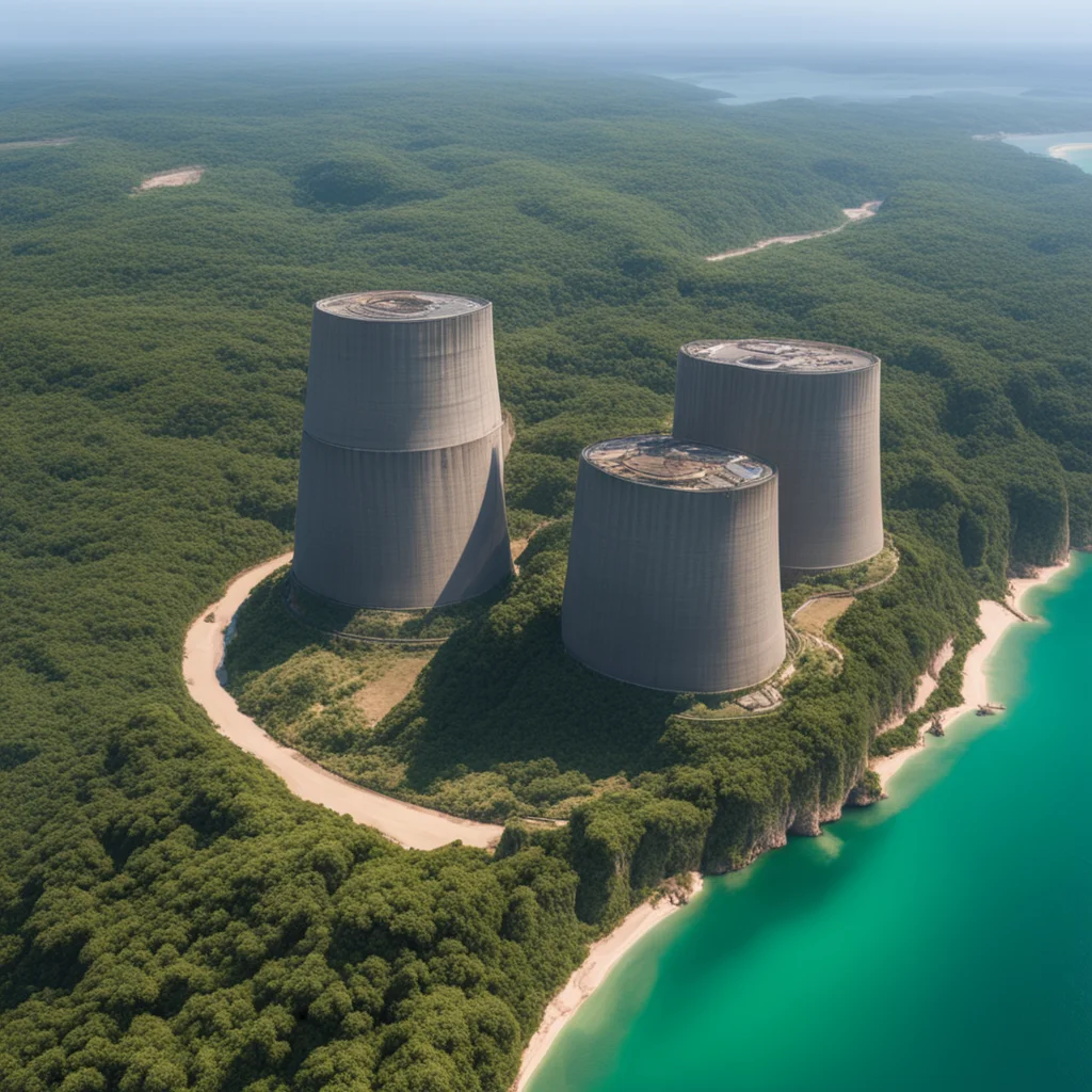 An aerial view of three huge nuclear cooling towers on the coast of Thailand coastal limestone cliffs with dense vegetat