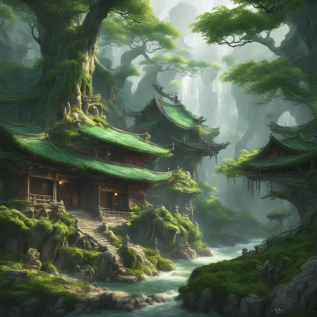 An ancient Chinese village high detail texture no blur CG rendering ancient forest clear image huge huge tree with emera