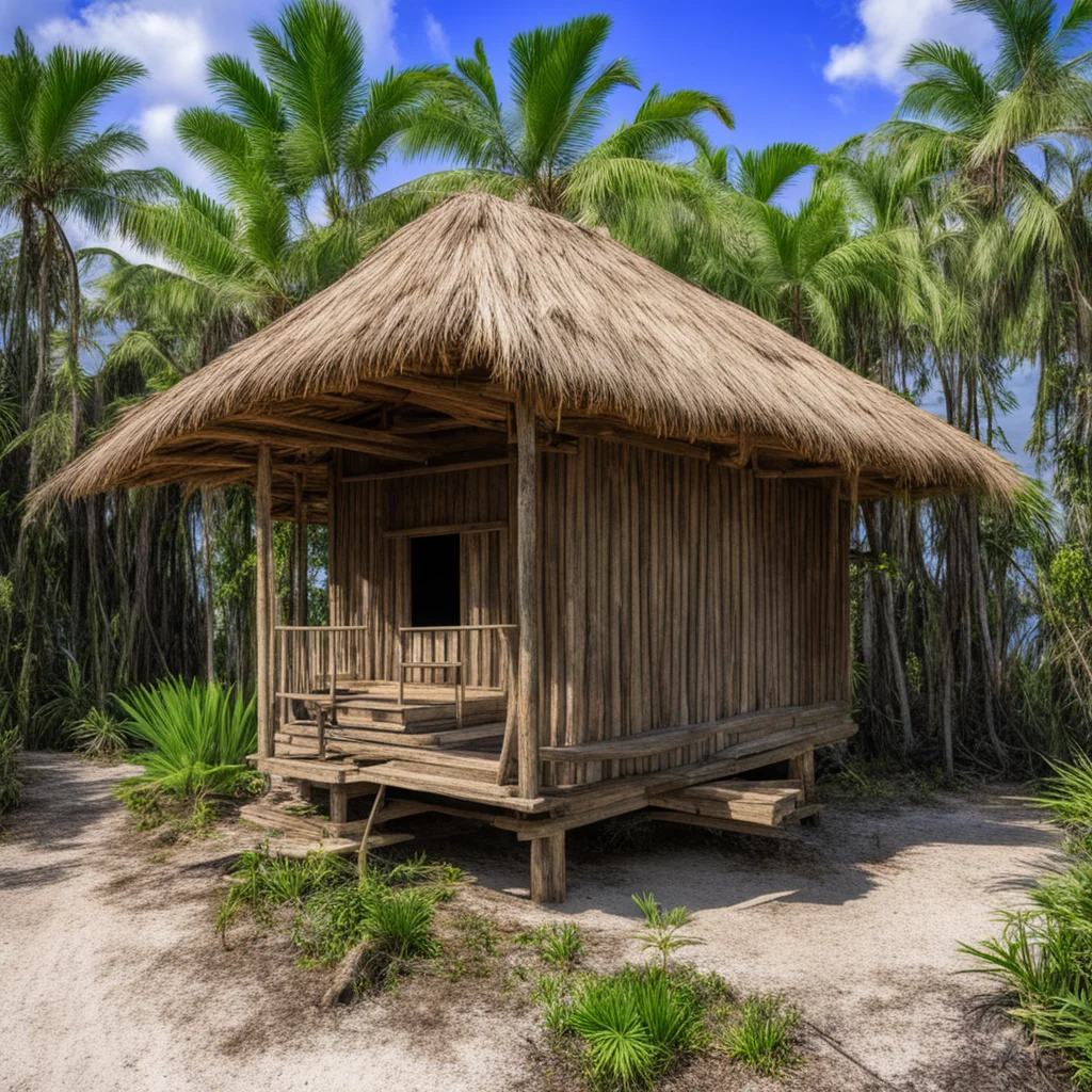 An everglades chickee hut built from invasive pine with iguana skin roof