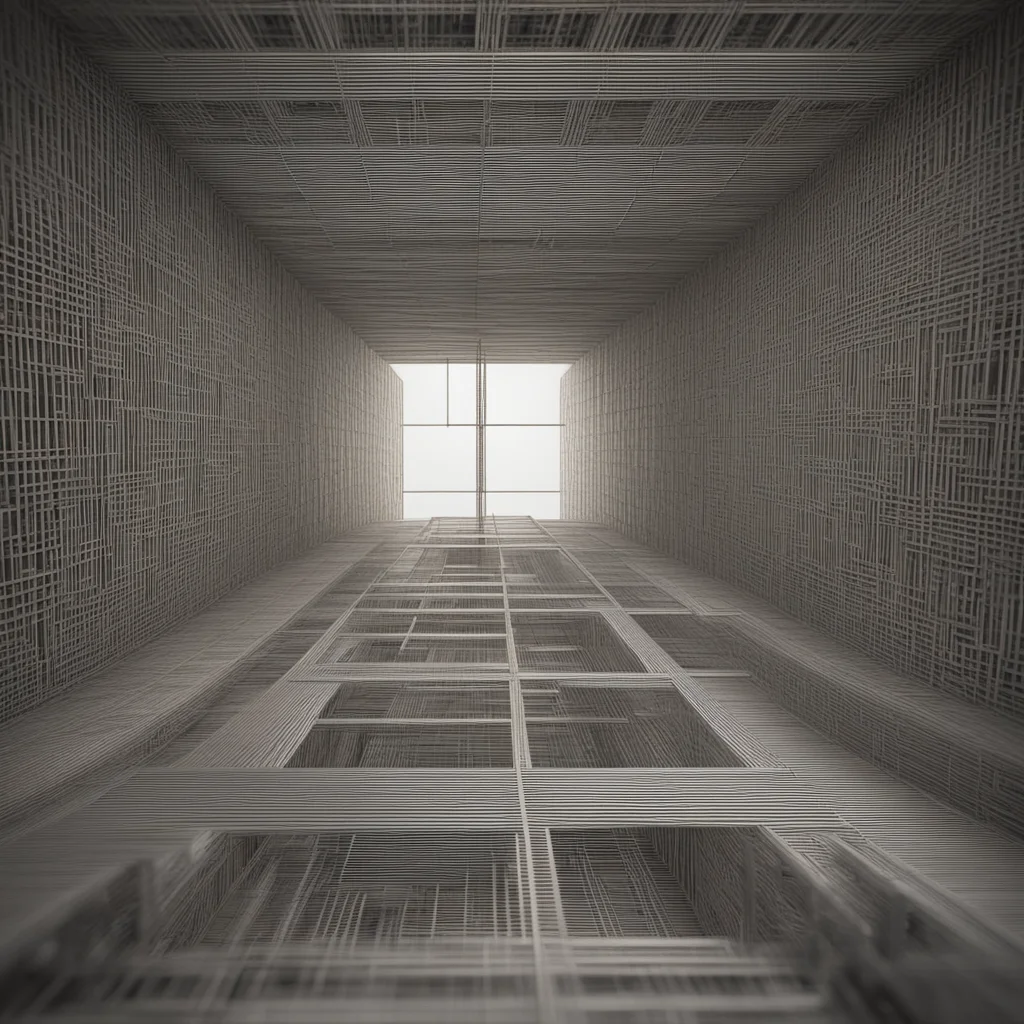 An interior of a box constructed solely of thin metallic straight geometric perpendicular lines octane render w 1500 h 5