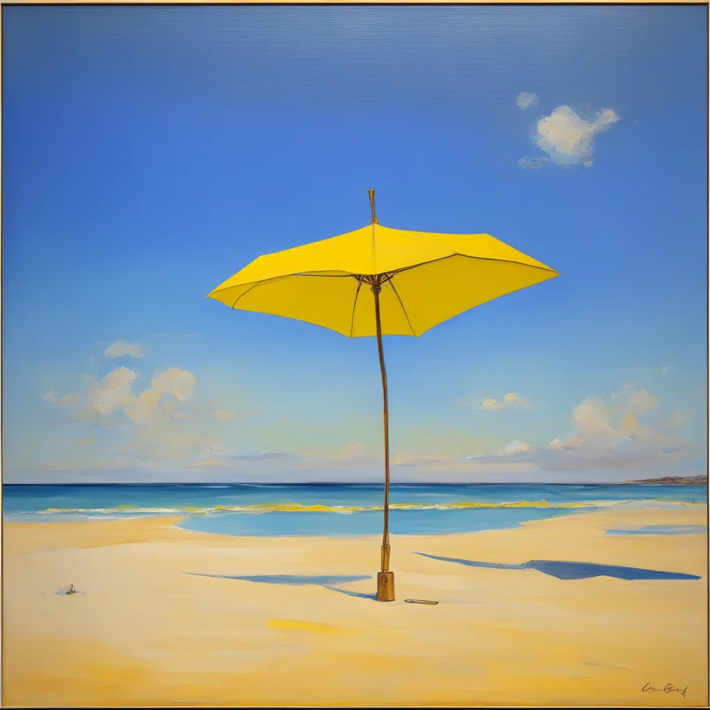 An oil painting by Antonio López García blue sky without clouds very blue sky golden sand with a small lemon yellow para