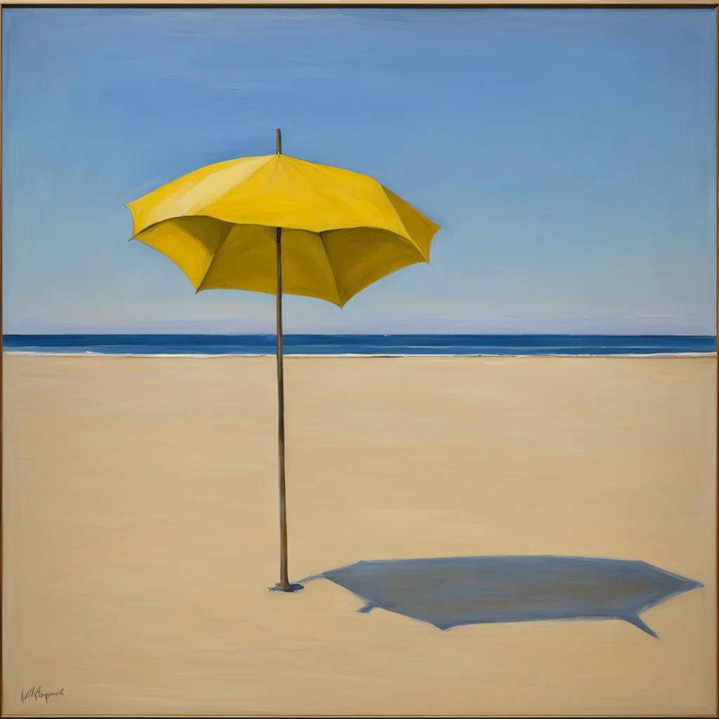 An oil painting by Giorgio Morandi blue sky without clouds very blue sky golden sand calm sea a small lemon yellow umbre