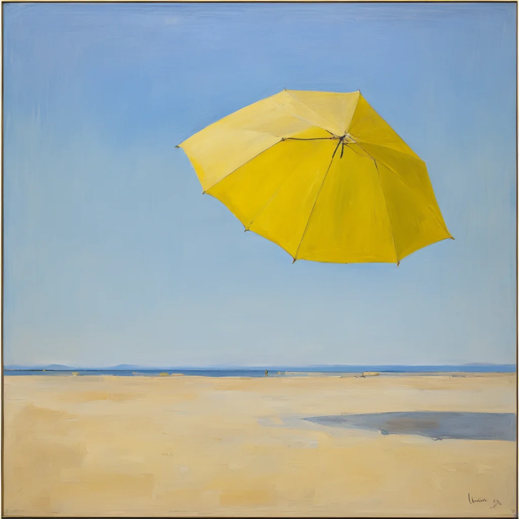 An oil painting by euan uglow very blue sky without clouds golden sand a small lemon yellow umbrella in the far center o