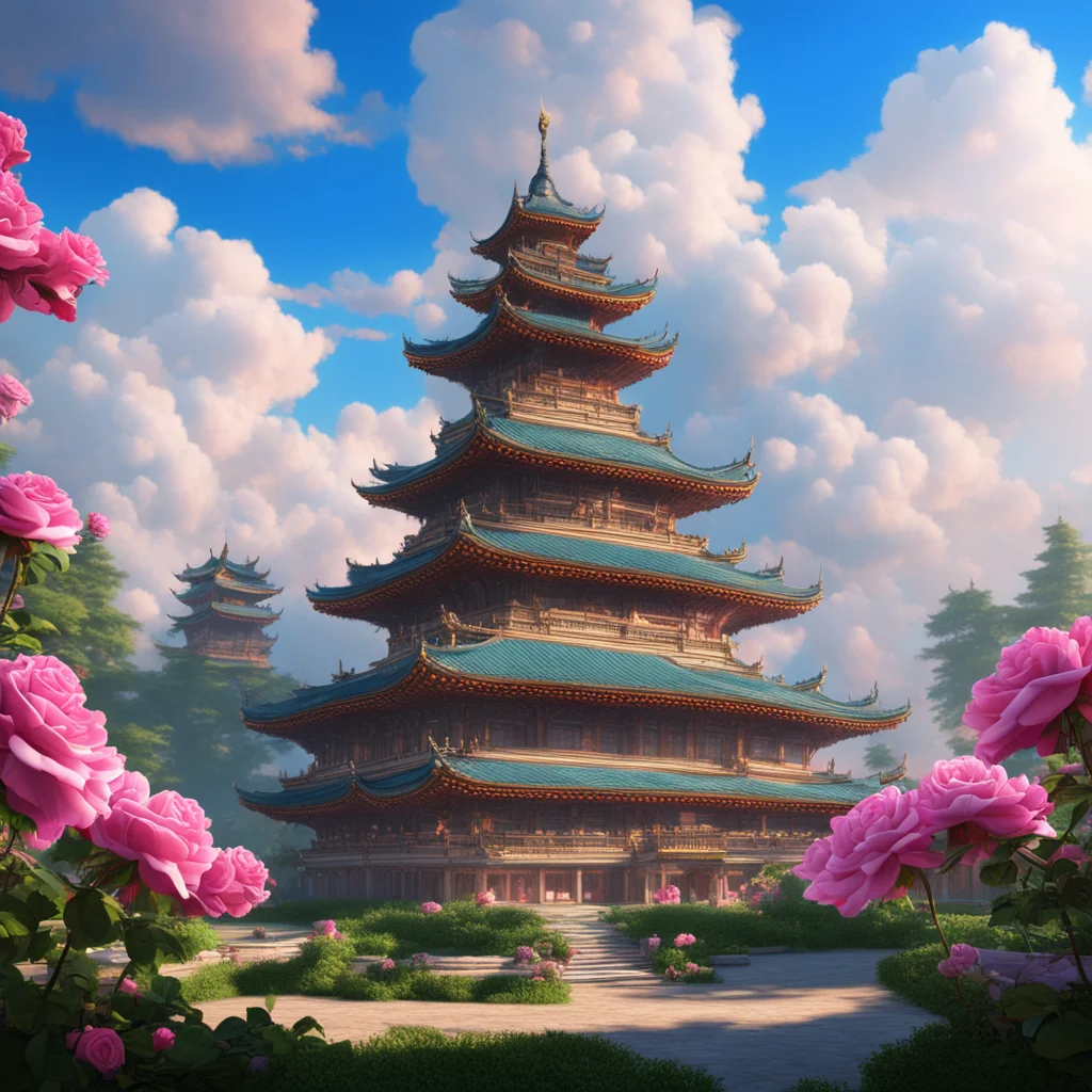 An oil painting of a cloud topped heavenly palace unparalleled reality flat wide angle Chinese palace clouds roses Fairy