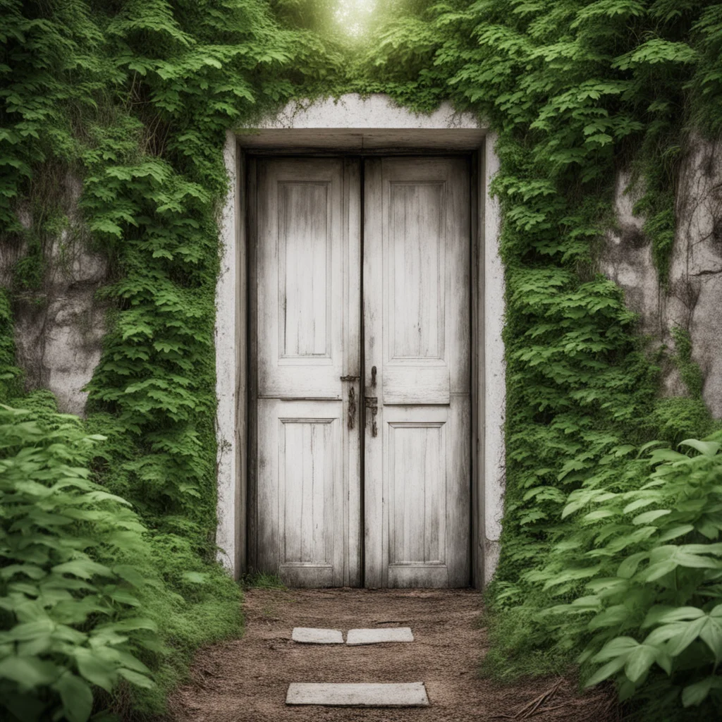 An old white wooden door in an overgrown abandoned valley wall symmetrical cinematic 50mm lens photorealistic aspect 169