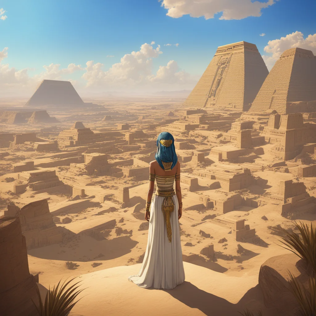 Ancient egyptian queen watching ancient epic landscape of Zerzura The Shining City White washed oasis in the mode of anc