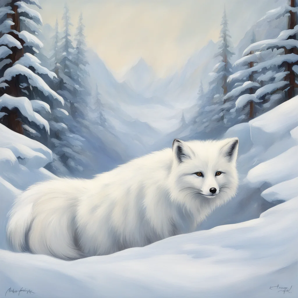 Art deco painting An arctic fox and white ptarmigan in a snowy scene