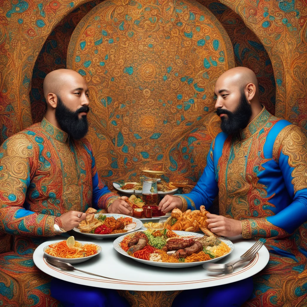 Asian guy and bald Indian guy with a beard having dinner highly detailed and intricate golden ratio very colorful hyperm