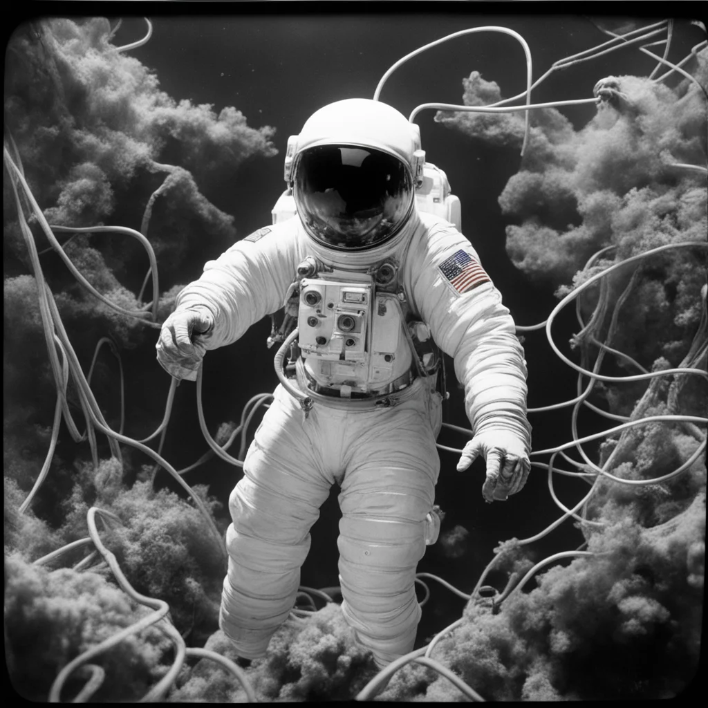 Astronaut in Aquarium wires cables detailed Ansel Adams 1900s ar 34
