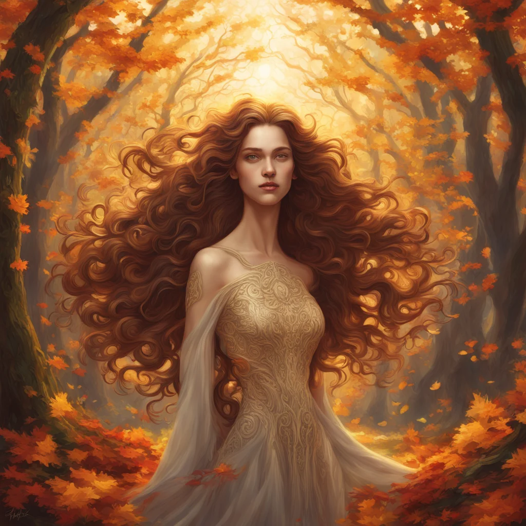 Autumn Goddess Gaia as a beautiful young woman long flowing wind blown hair anatomically correct concept art intricate d