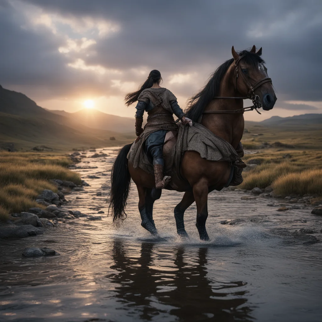 Backlit feudal woman leading her armored horse through raging river at dusk a puddle on the ground in the middle of a Mo
