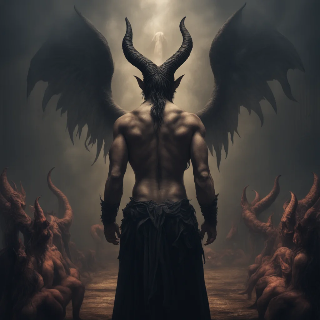 Baphomet lucifer crowd demons back view  William Blake style demon and gargoyls realistic photo realistic hyper detail m