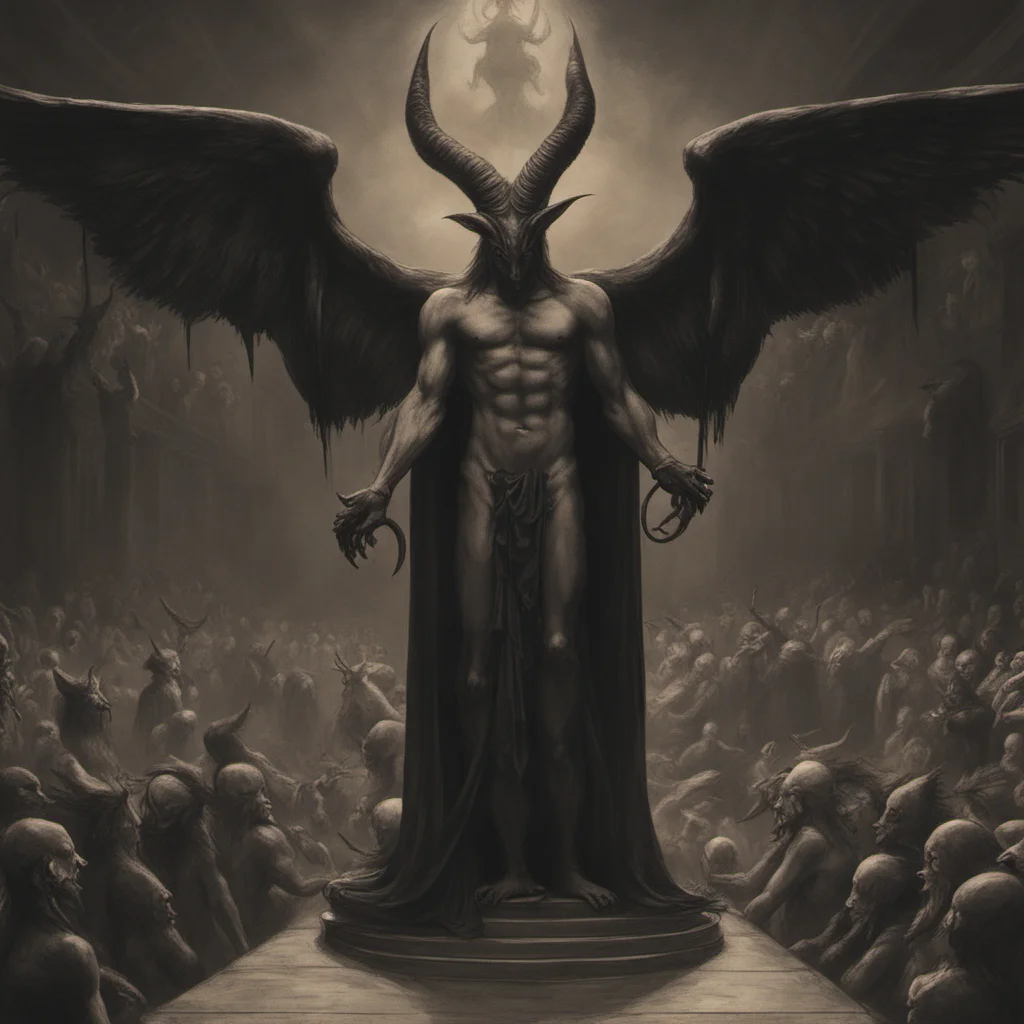 Baphomet lucifer crowd demons back view  William Blake style demon and gargoyls realistic photo realistic hyper detail majestic epic wide angle am