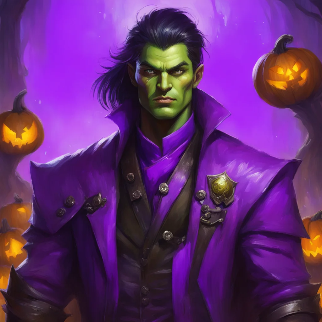 Beautiful Purple Prince with Black Hai Bangs and small orc tusks Book Witch Rogue in Leather Coat Halloween pumpkins Mag