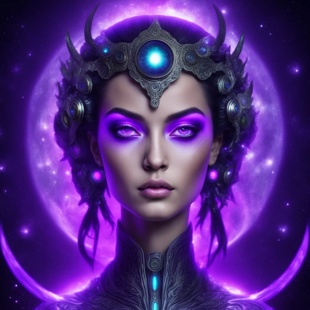 Beautiful goddess of outer space with symmetrical face striking purple eyes staring overhead ar 169 uplight stop 60 hd