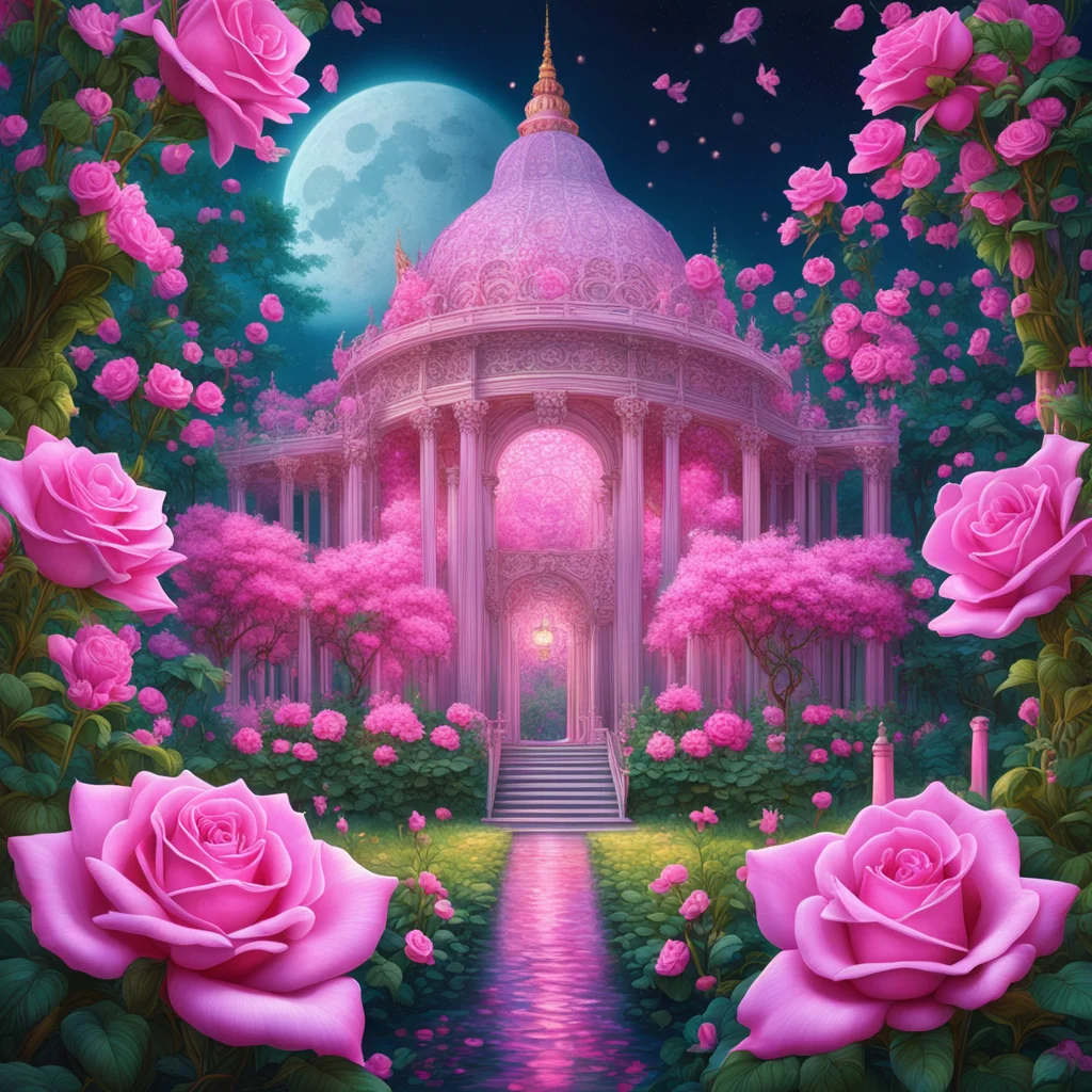 Beautiful rendition of rose garden delicate crystal palace sprinkled with beautiful moonlight pink tones flying fireflie