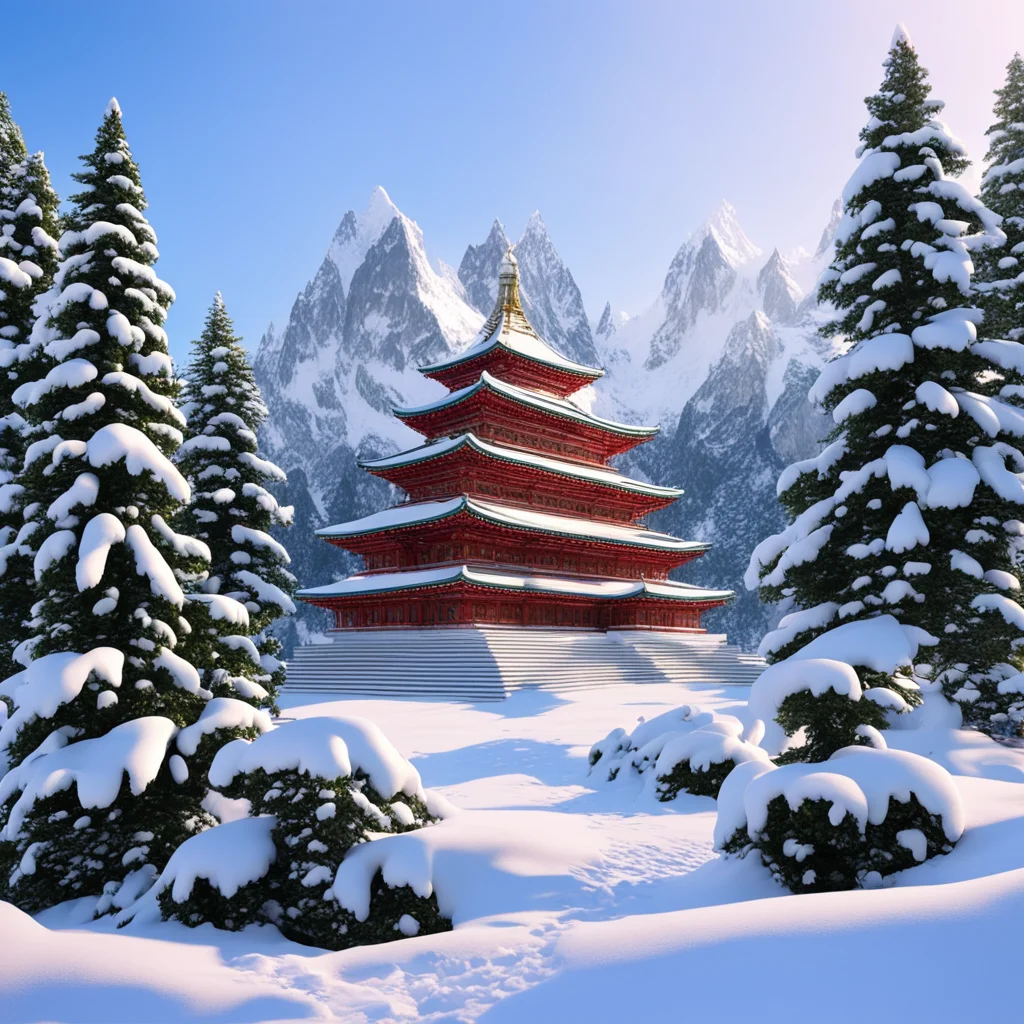 Beautiful temple in a himalayan mountain scene winter setting snow covered spruce trees8k render realistic setting ar 33