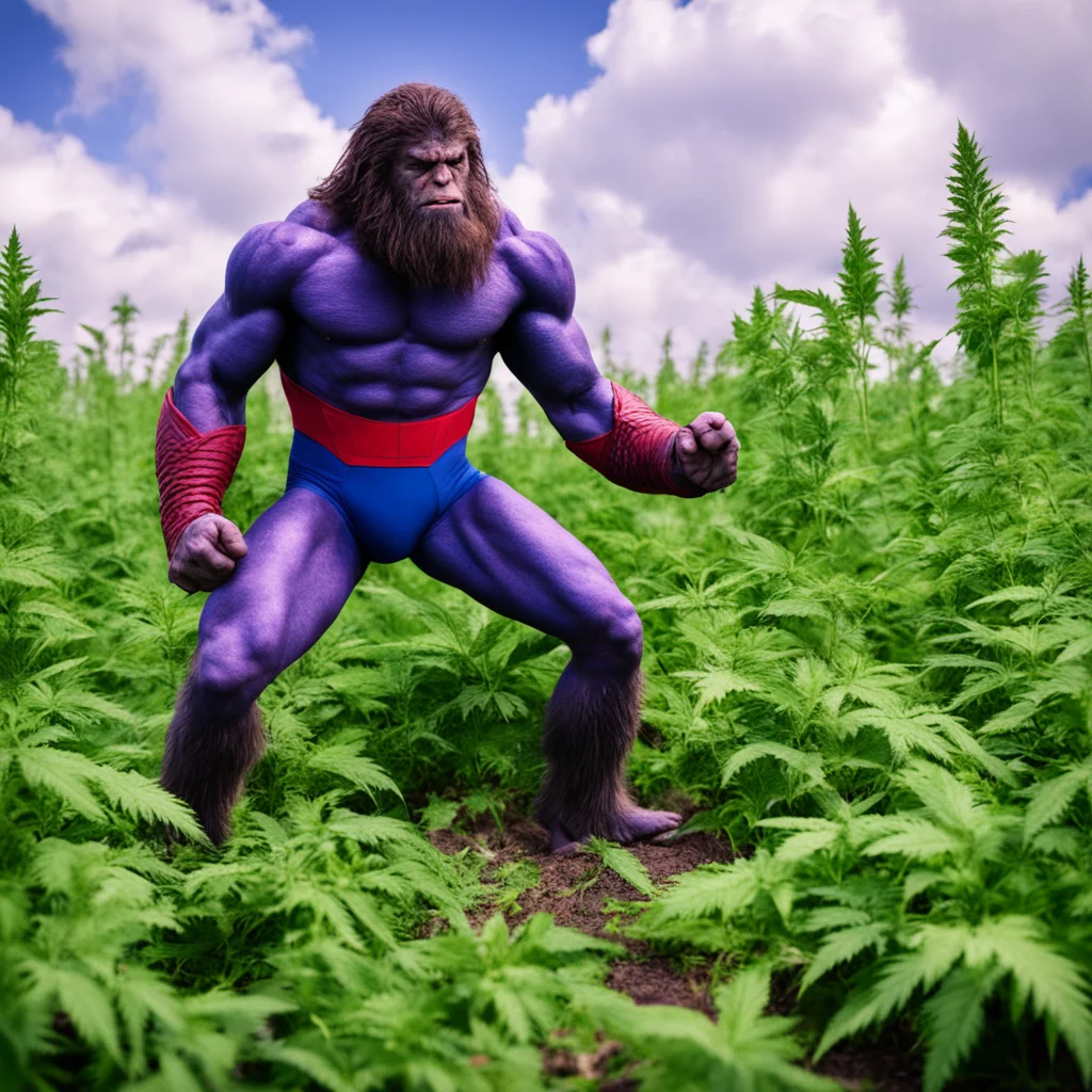 Big foot fighting super man in a marijuana field