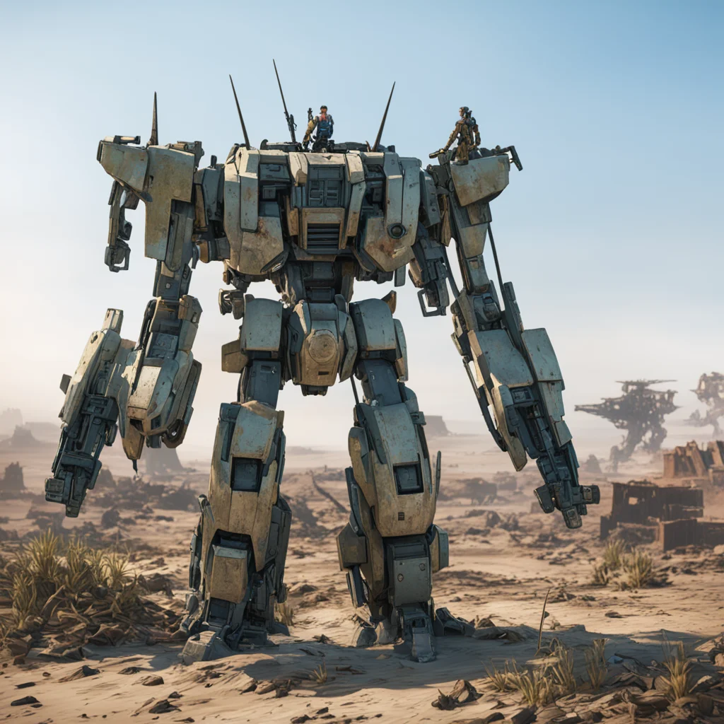 Biped Gundam Mech broken down with its pilot repairing it on top in the mid ground and a desolate wasteland city in the 