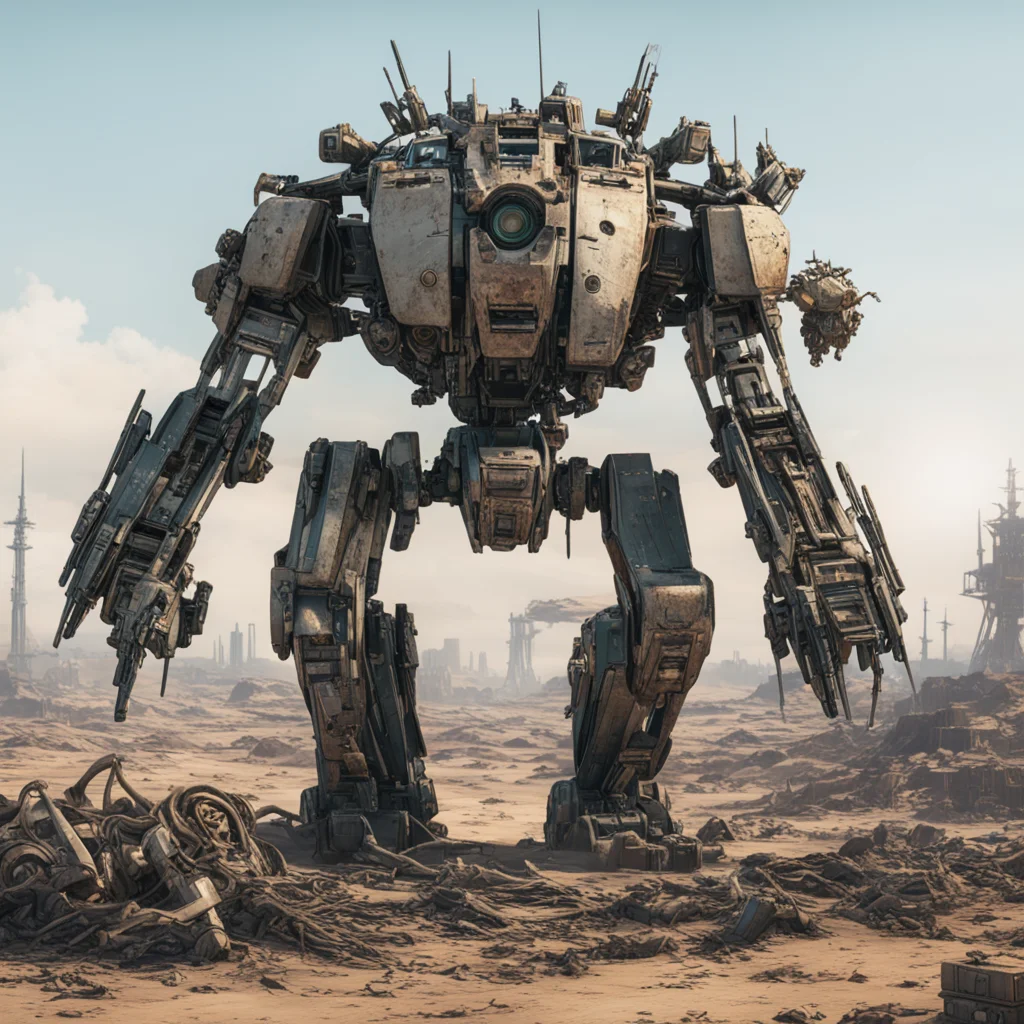 Bipedal Mech broken down with its pilot repairing it on top in the mid ground and a desolate wasteland city in the backg