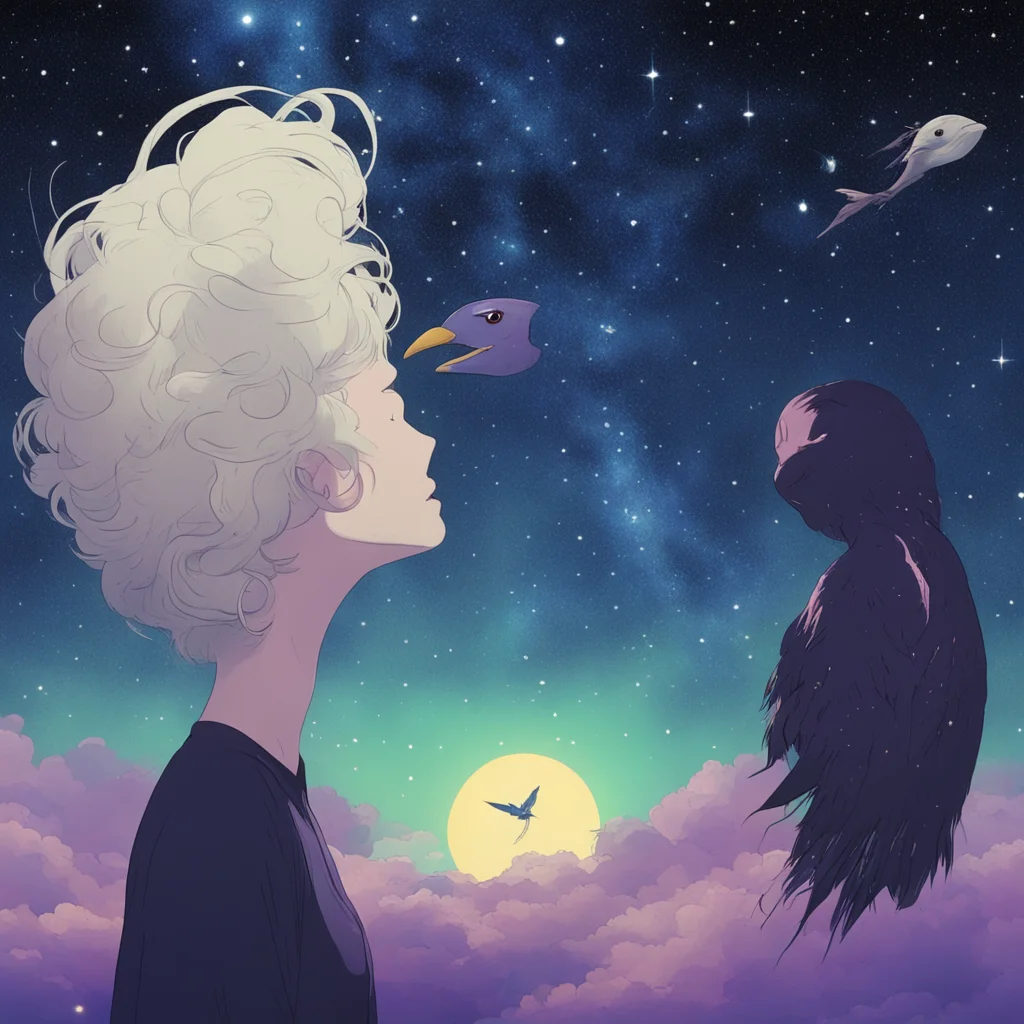 Bird with human mouth chewing on a galaxy while a forlorn widow representing the end of existence gazes with despair on 