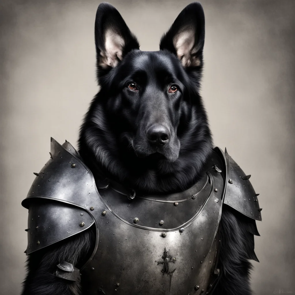 Black German Shepherd in medieval armor