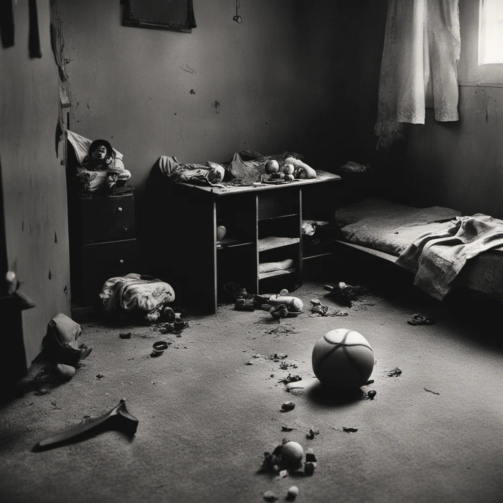 Black and white vintage photograph inside a childs bedroom the floor is a mess with toys a baseball mitt and bat the bed is not made and in the middle of the
