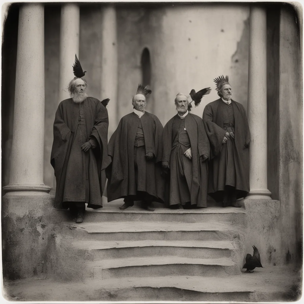 Blighted Catholic Bishops with Bird Heads descend a staircasehigh detail render Tintype by Ansel Adams 1800s ar 34
