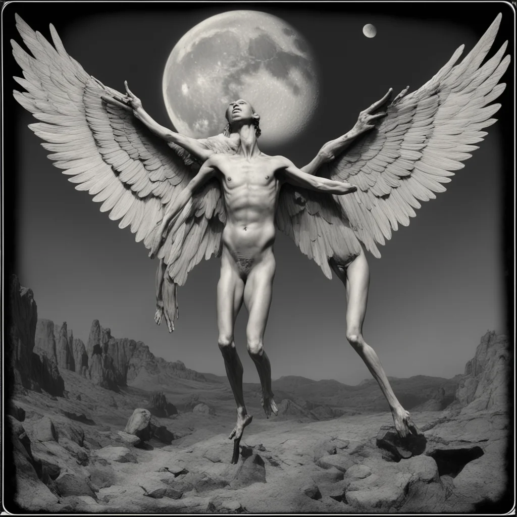 Blighted Icarus conjoined starving skeletal humanoids falling through the moonlit sky with multiple outstretched bird wi