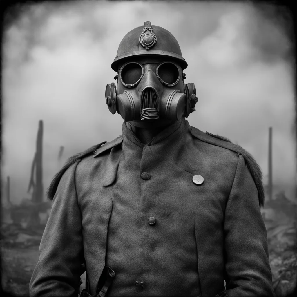 Blighted Military Officer WW1Viking Gladiator baroque medals gas mask camera bellows fog skeletal no crop by Ansel Adams