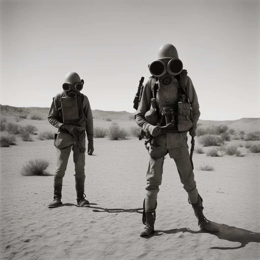 Blighted Military Personnel WW1 skeletalgas mask Bellows Cameras on Tripods in Desert no crop by Ansel Adams Tintype 180