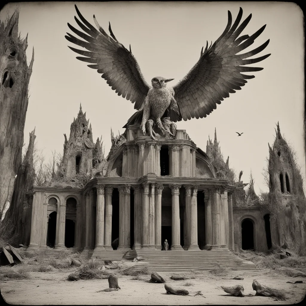 Blighted Oracle Temple of the Owl starving skeletal humanoids with multiple outstretched bird wings high detail render T