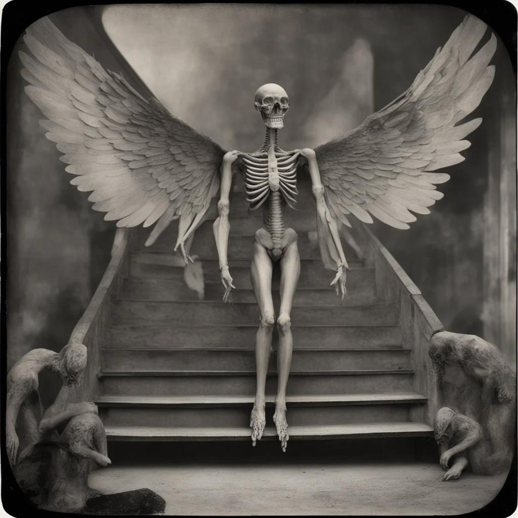 Blighted conjoined skeletal humanoids tryptophobic descending a staircase with multiple outstretched bird wings high det