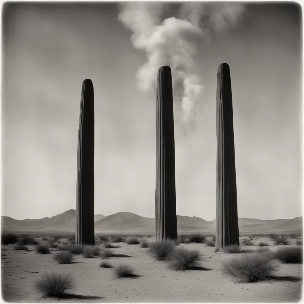 Brutalist Brancussi Totems in Desert Billowing Smoke by Ansel Adams Tintype 1800s ar 169