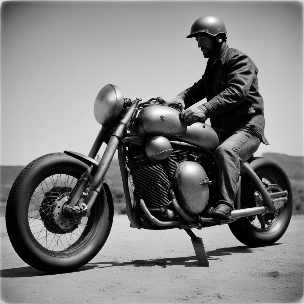 Brutalist Motorcycle and rider detailed low angle Tintype by Ansel Adams ar 169