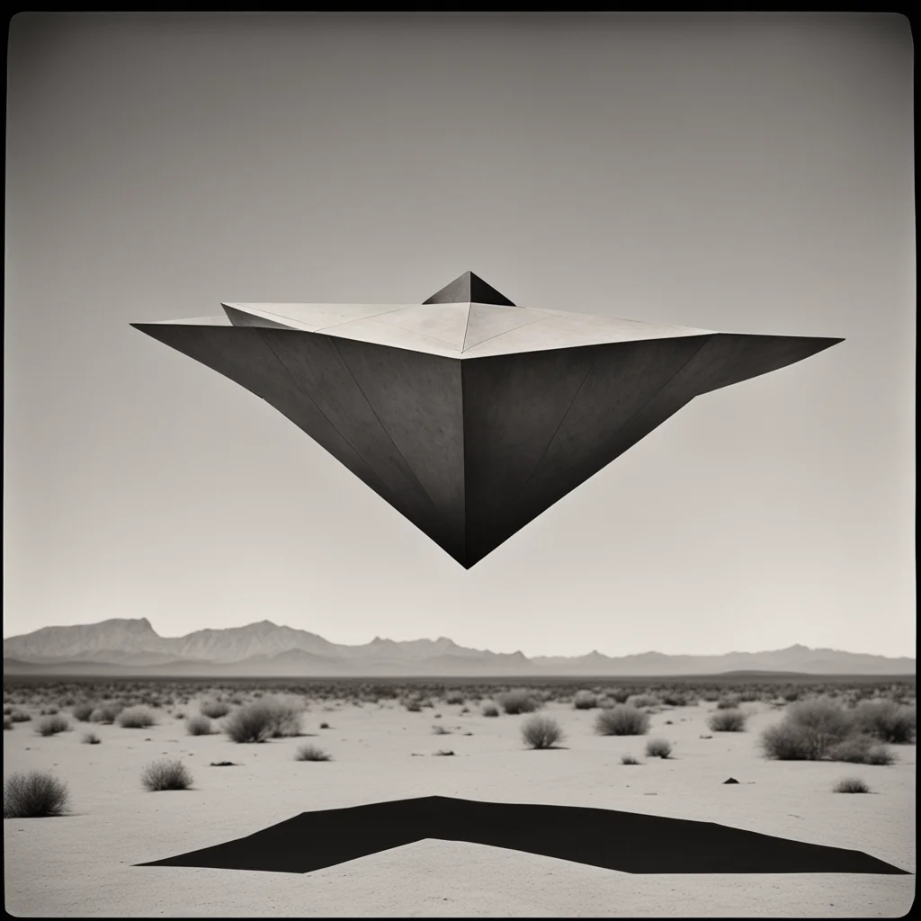 Brutalist Origami Spaceship Floating in the desert sky by Ansel Adams albumin print Tintype ar 196