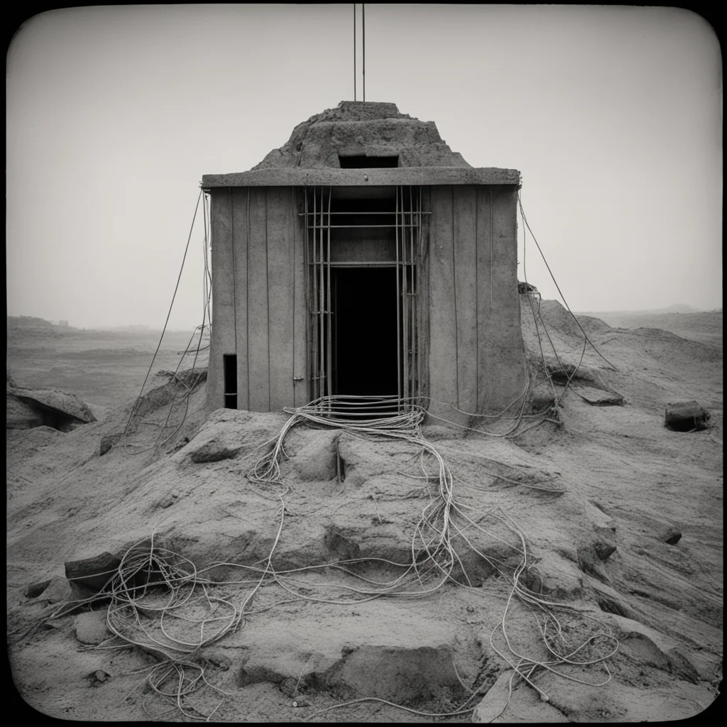 Brutalist Temple Mound Catacomb with wires cables diodes very detailed by Ansel Adams Tintype 1800s ar 916