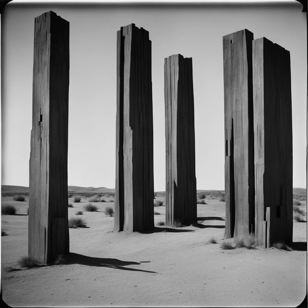 Brutalist Woodhenge in the desert The Cabinet of DrCaligari  cinematic low angle very detailed by Ansel Adams Tintype 19