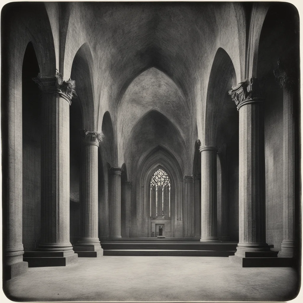 Brutalist church interior Detailed Tintype by Ansel Adams 1800s