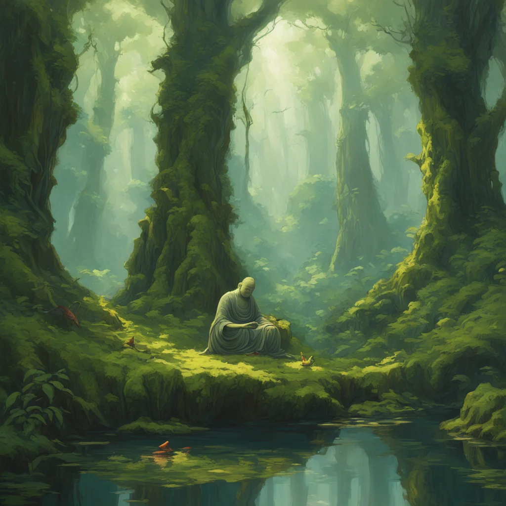 Buddha sitting in a forestbeautifullydappled light through the trees mossy rocks water reflections birds and bugs deep w