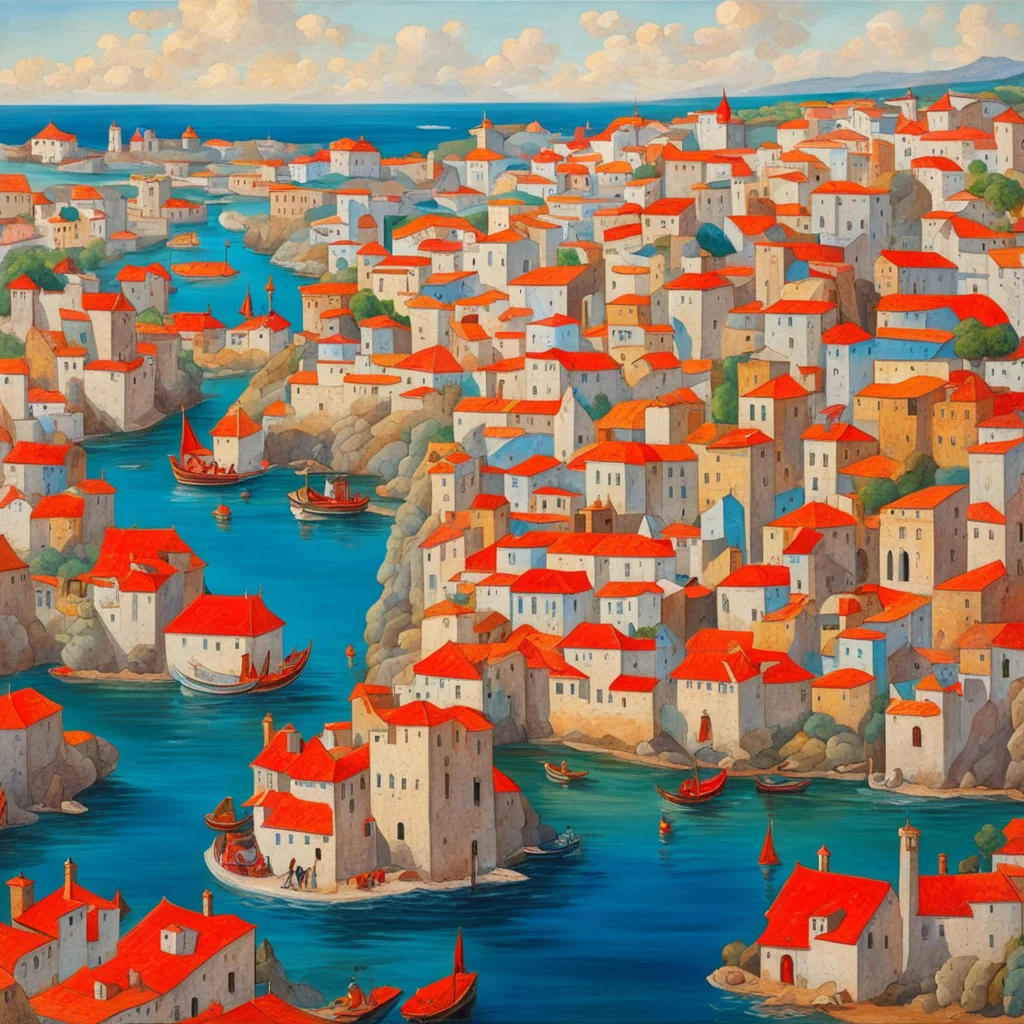 Busy Portuguese coastal town A 1400s painting with strong vibrant colors