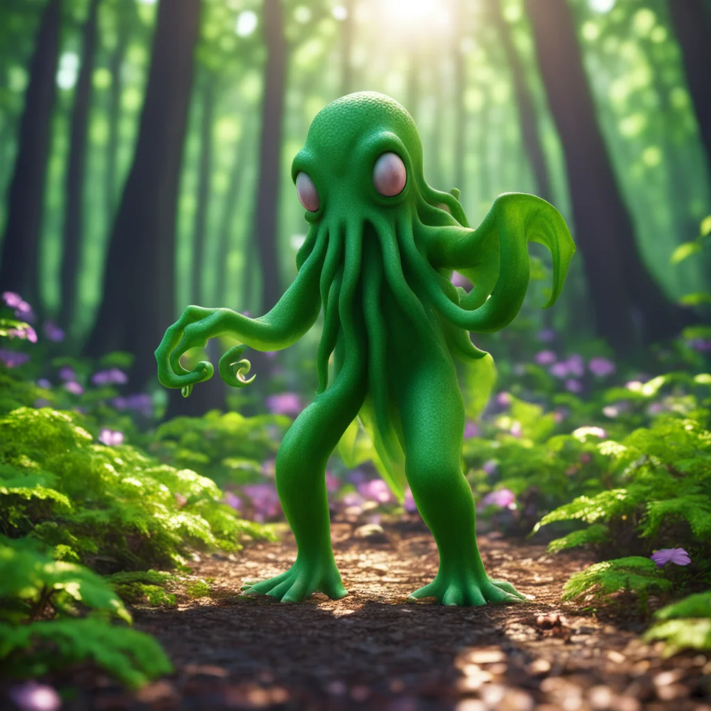C4d render uplight photorealistic fine details Happy smiling Cthulhu dancing in the dappled sunlight on the forest floor