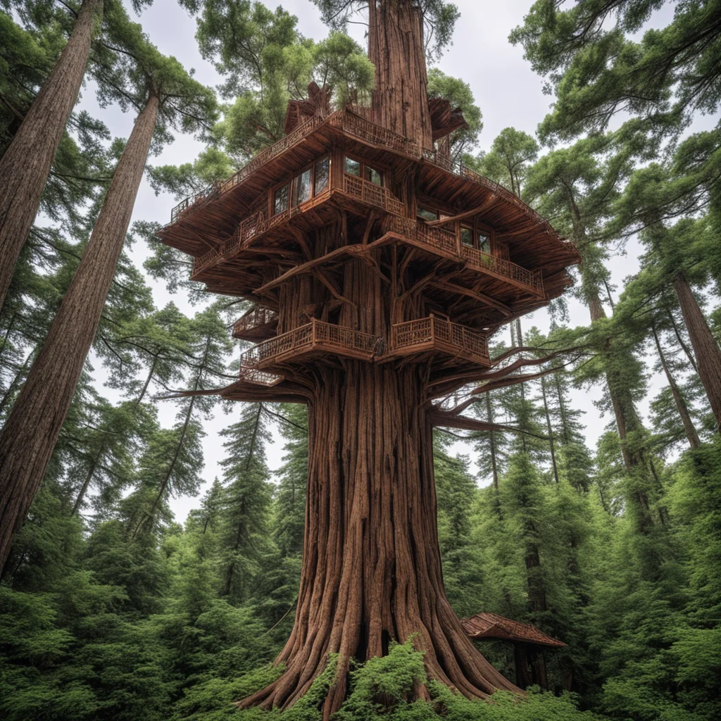 California Redwood intricate treehouse by moebius and James Paik looking up at the CN tower by Annie Leibovitz ar 916