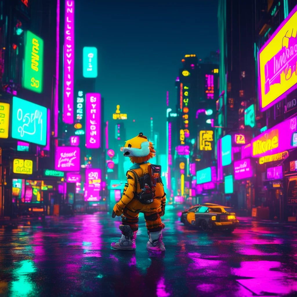 Calvin and Hobbes in a cyberpunk city at night lit by soft neon glow octane render unreal engine aspect 169