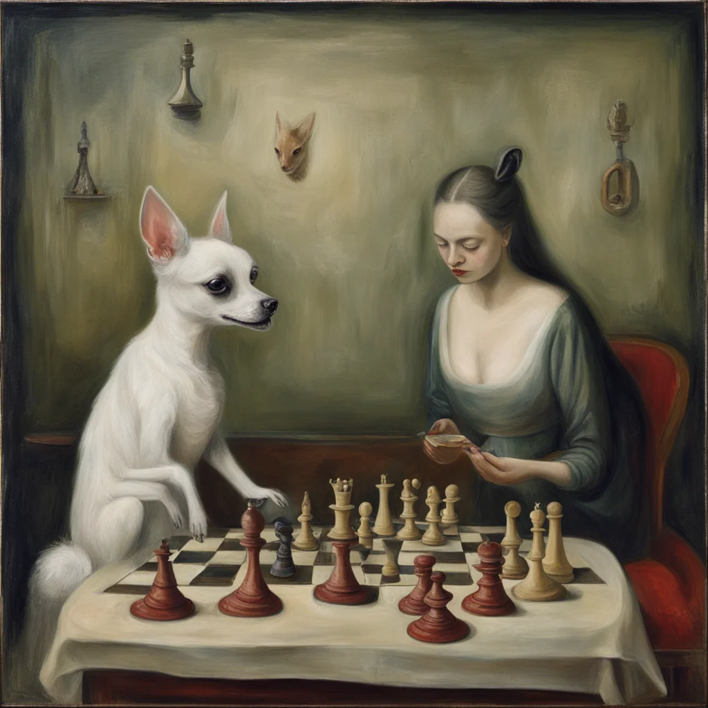 Carmen and her chihuahua eating cake and playing chess epic composition painting by Leonora Carrington —ar 32