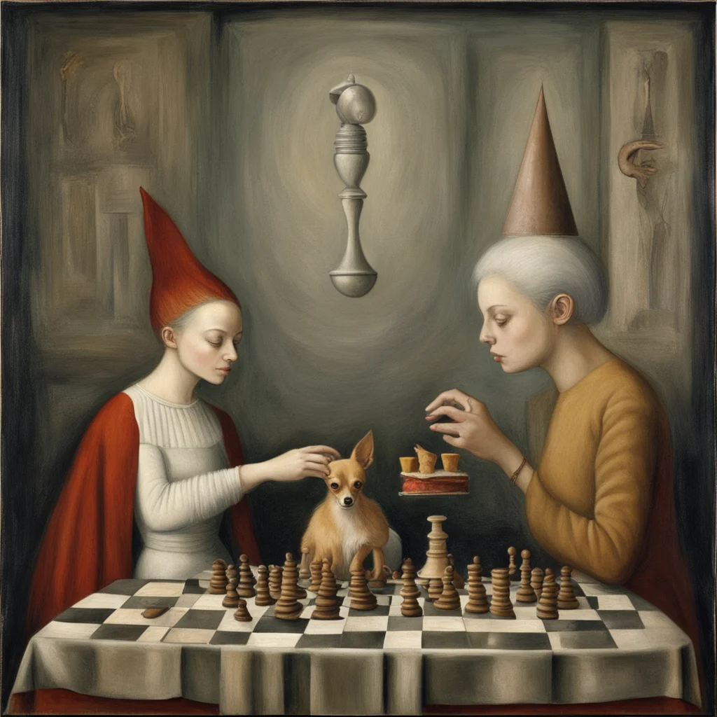 Carmen and her chihuahua eating cake and playing chess epic composition painting by Remedios Varo —ar 32