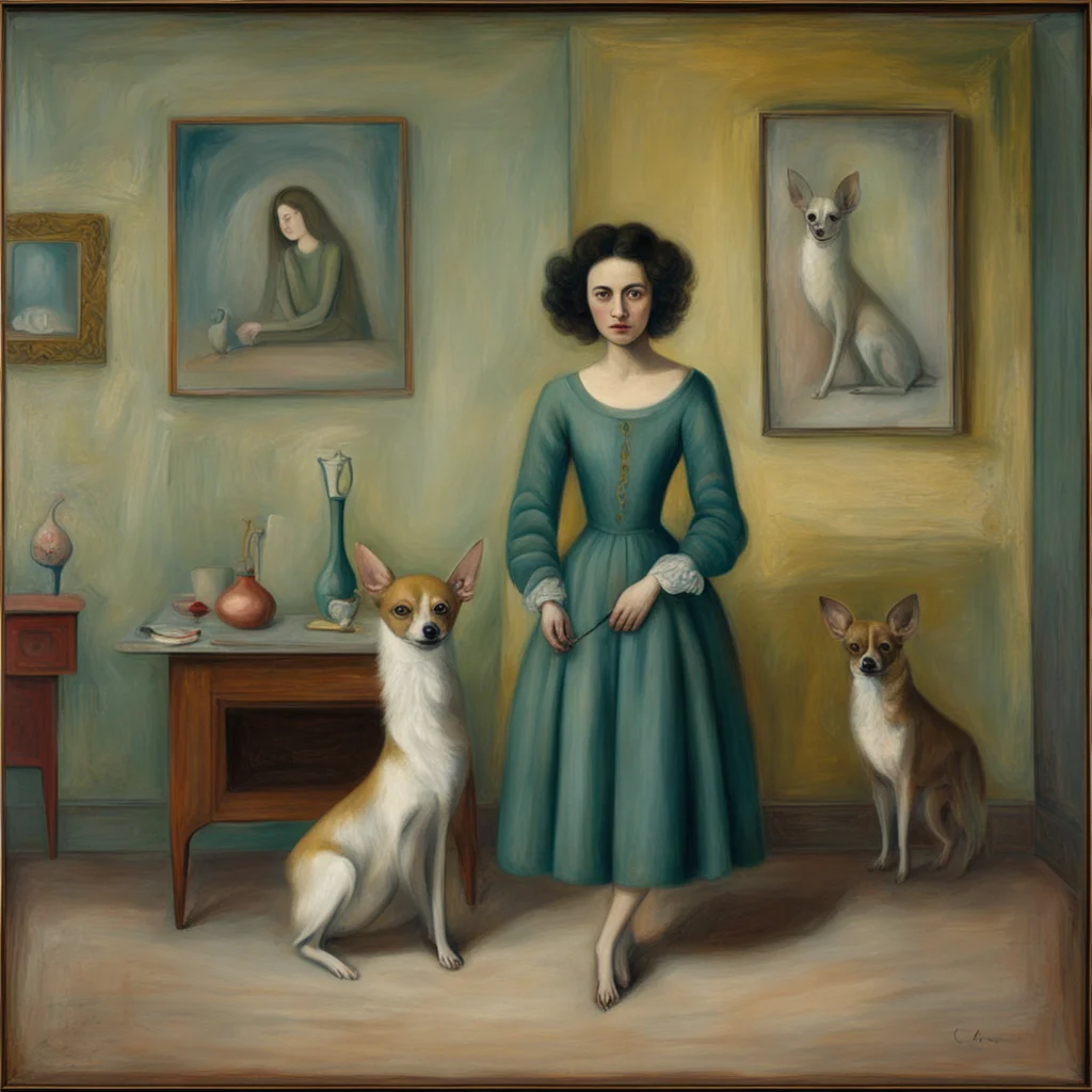 Carmen with her Chihuahua in a room painting by Leonora Carrington
