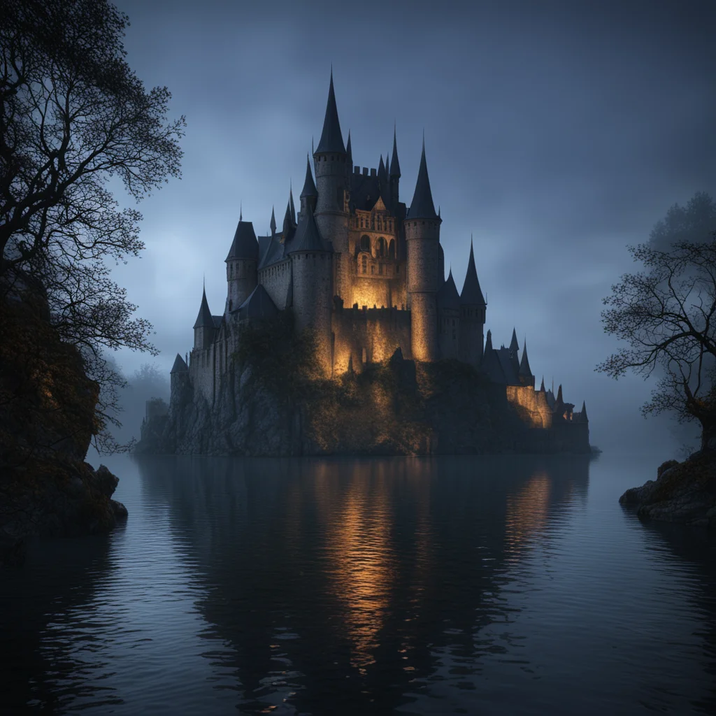 Castle Gormenghast on far shore of a lake misty night 4k post processing highly detailed 3D render Octane render Hyper r