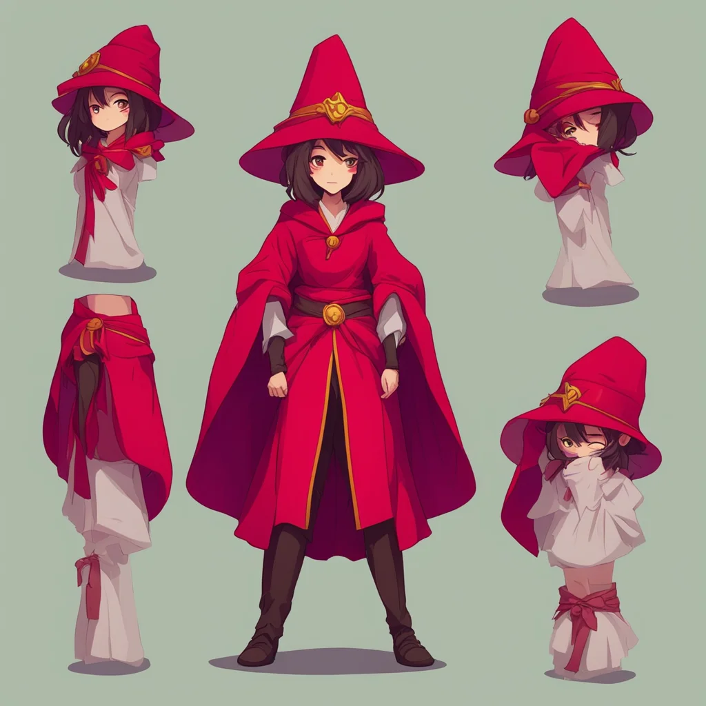 Character sheet of beautiful anime female wizard asian wearing a red robe and hat clean face dead eyes brown hair symmet